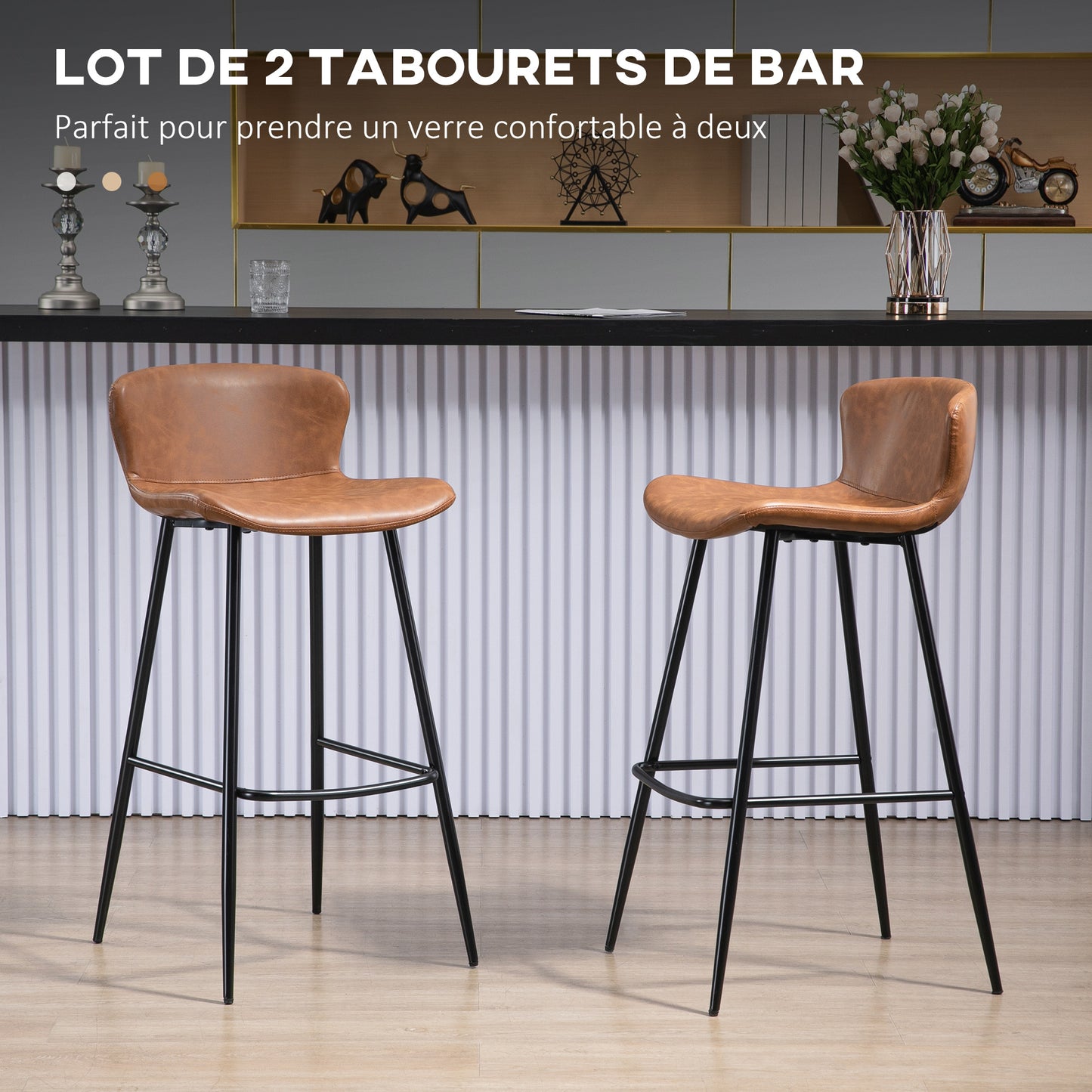 Barstoel Set – Barkrukken – Hoge Stoelen – Keukenstoelen – Barstoelen Bruin – PU Leren Zitting – Stalen Voetensteun – Vintage Design Rugleuning – 76 Cm Hoog