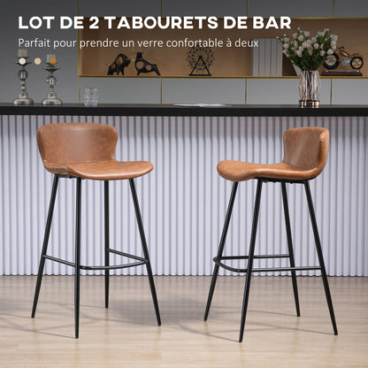 Barstoel Set – Barkrukken – Hoge Stoelen – Keukenstoelen – Barstoelen Bruin – PU Leren Zitting – Stalen Voetensteun – Vintage Design Rugleuning – 76 Cm Hoog