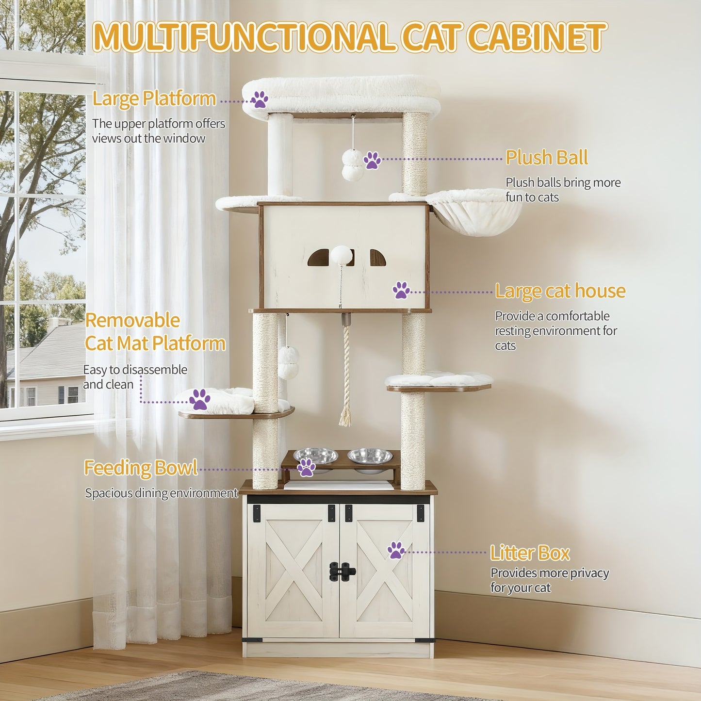 All-in-One Multi-Level Cat Tree Tower with Litter Box & Food Station - 173cm Tall Cat Furniture for Large Breeds, Spacious Platforms, Sisal Scratching Posts, Hammock, Removable Washable Cushions & Plush Balls - Compatible wit - QUORE
