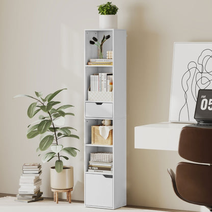 Boekenkast – Boekenrek – Opbergkast – Vakkenkast – Stellingkast – 6-Lagen – Verstelbare Planken – Kantelbeveiliging – Wit – Smal – Metaal