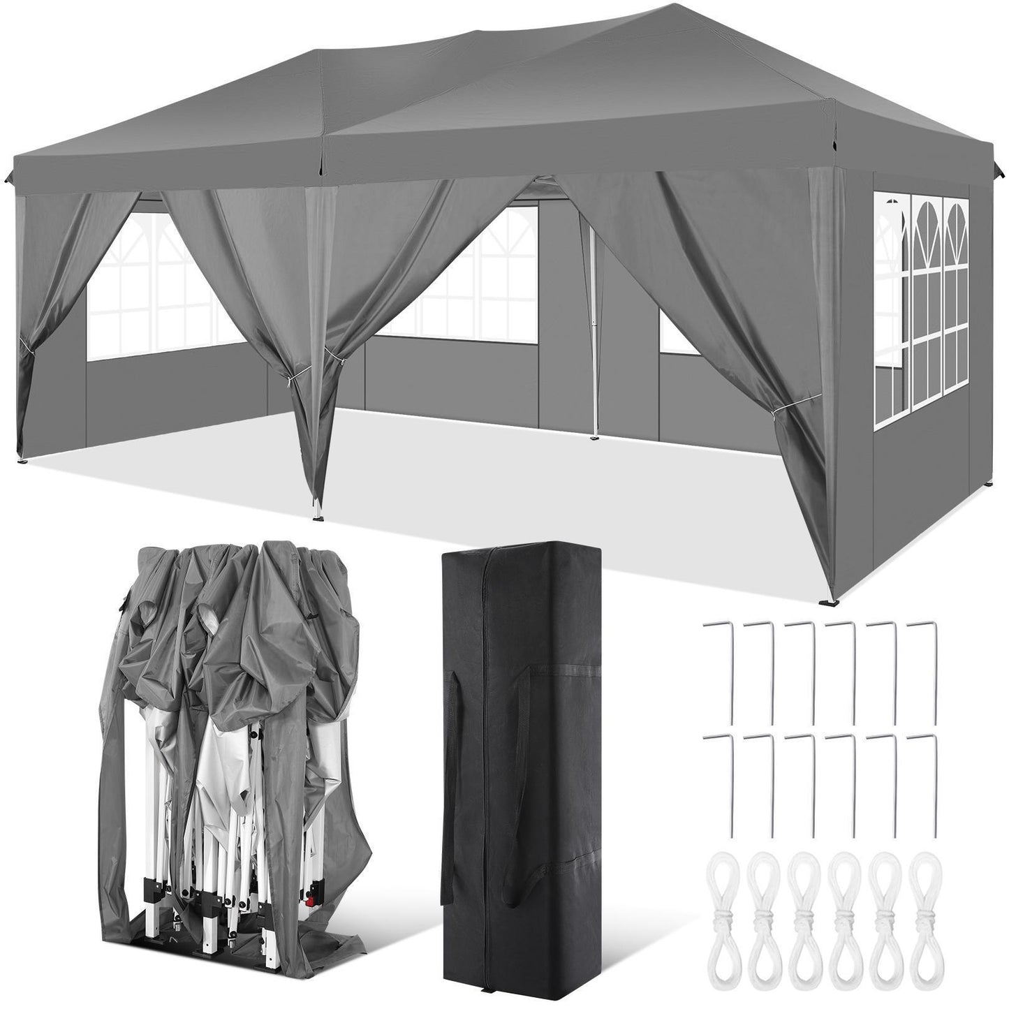 Pop-Up Zonnescherm Tent – Partytent – Vouwtent – Buitentent – Schaduw Tent – Grijs – 3×6 Meter – 6 Afneembare Zijpanelen – Aluminium Frame