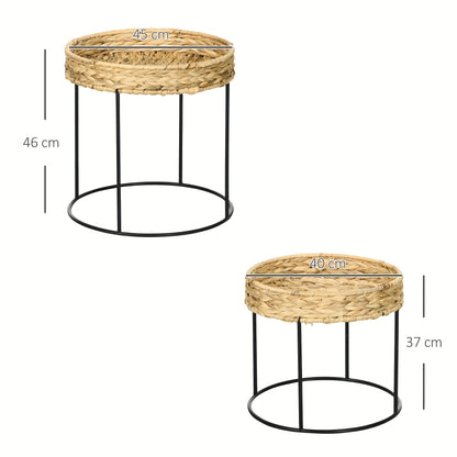 Salontafel – Bijzettafel – Koffietafel – Tafeltje – Bohemien – Set Van 2 – Hyacintvezel Tafelblad – Stevig Stalen Onderstel