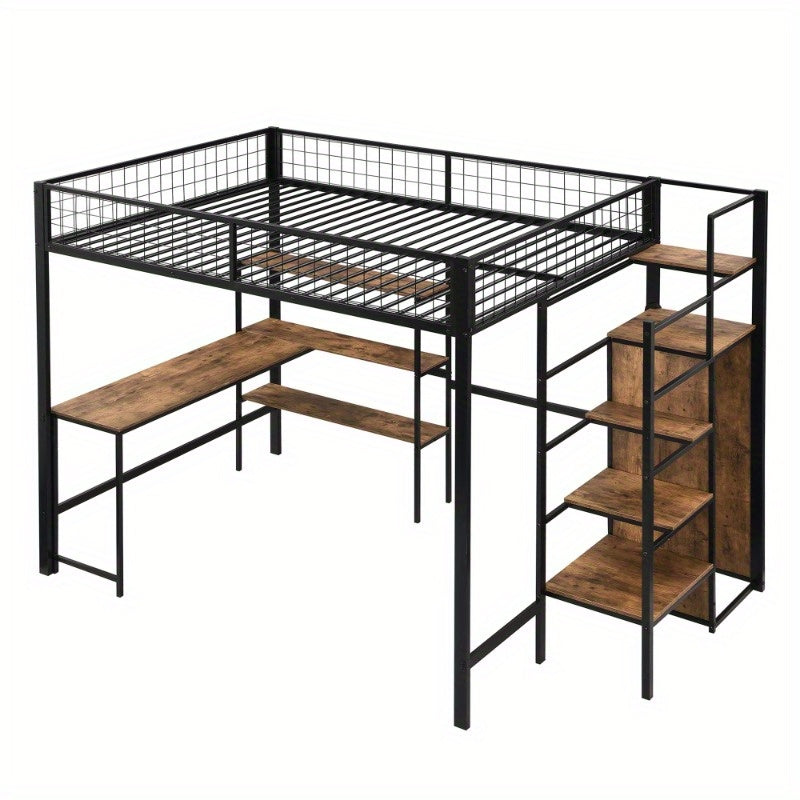 Hoogslaper – Stapelbed – Bedbank – Mezzanine Bed – Bed met Kast – Zwart + Bruin – 140x200 cm – Met Stabiel Metalen Frame