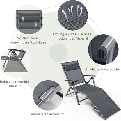 Buitenzonligstoel – Tuinstoel – Ligstoel – Zonnestoel – Inklapbare Ligstoel – Aluminium Frame – 8-Standen Rugleuning – Sneldrogende Stof
