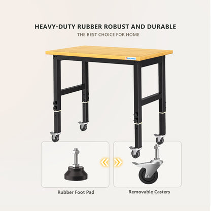 Houten Werkbank – Werktafel – Klusbank – Werkplek – Tafel Met Verstelling – In hoogte verstelbaar 85-105 cm – 900 kg Draagvermogen Met Wielen En Voetsteun