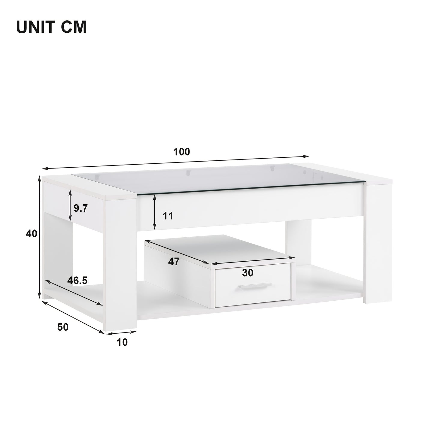 Salontafel – Woonkamertafel – Koffietafel – Tafel Met Opbergruimte – Sofa Tafel – Wit – Glazen Blad – Stevig Metalen Frame