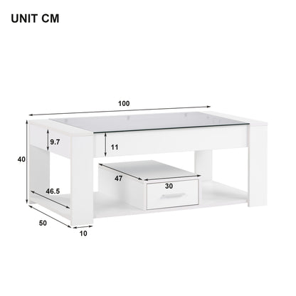 Salontafel – Woonkamertafel – Koffietafel – Tafel Met Opbergruimte – Sofa Tafel – Wit – Glazen Blad – Stevig Metalen Frame