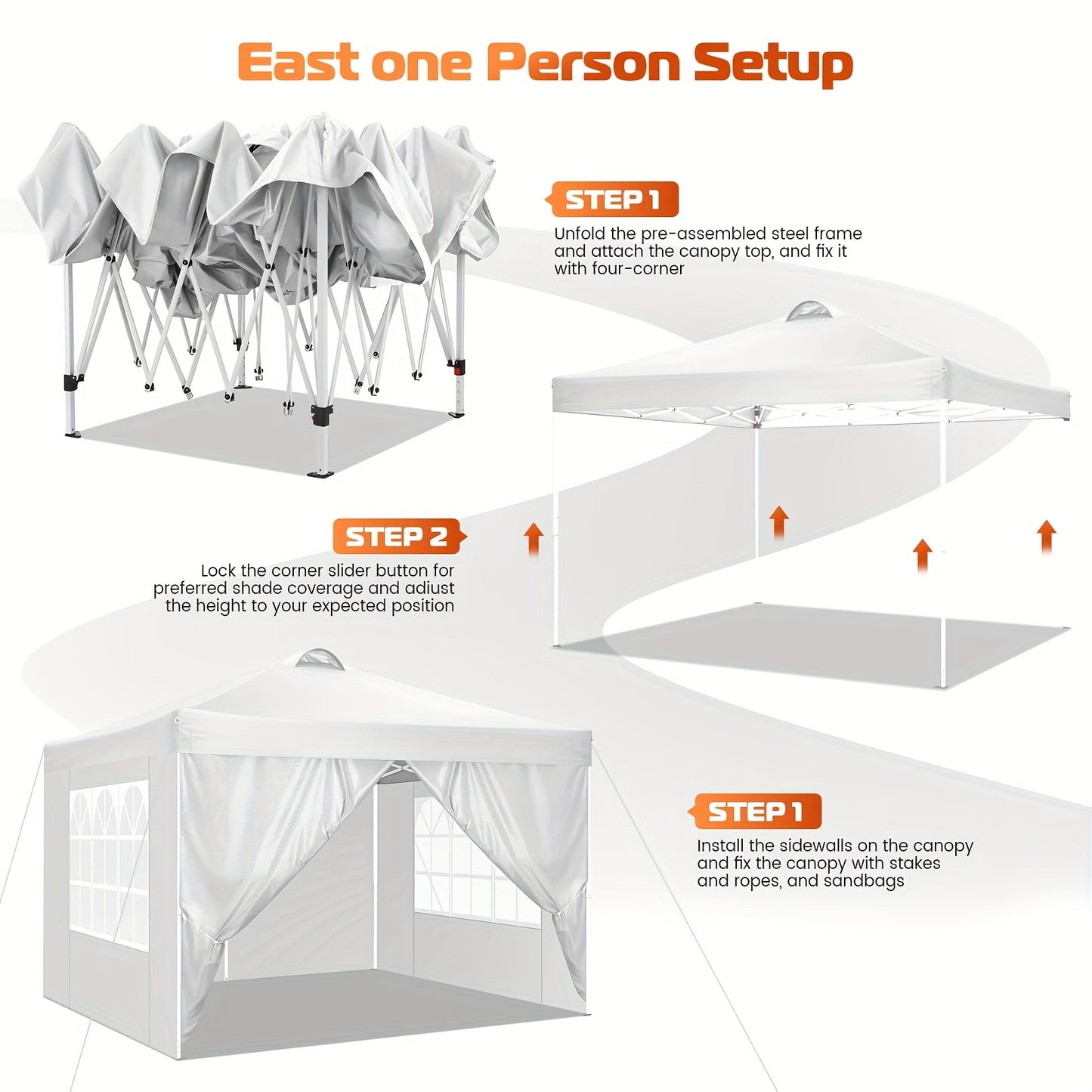 3.05x3.05meter Pop-up Tent, Party Canopy, Folding Gazebo, with 4 Detachable Side Walls, Portable Bag, Sandbag And Ground Stake, Height Adjustable, Easy to Install, Suitable for Weddings, Camping, Gardens, Market Stalls, Outdo