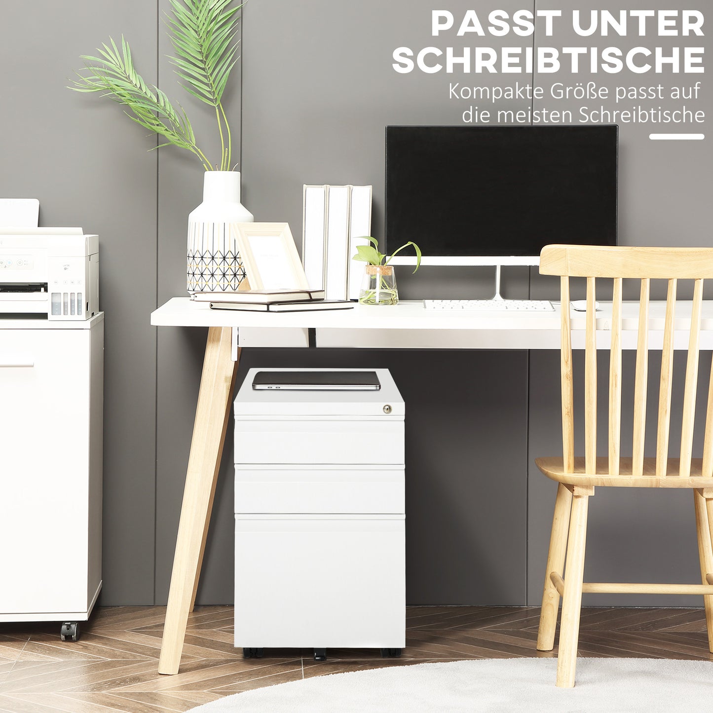 Mobiele Ladekast – Ladekast Op Wieltjes – Kantoorwagen – Office Organizer – Mobiele Kast Wit – 3 Ruime Laden – Veilig Met Sleutelslot – Compact 39x48x60 cm
