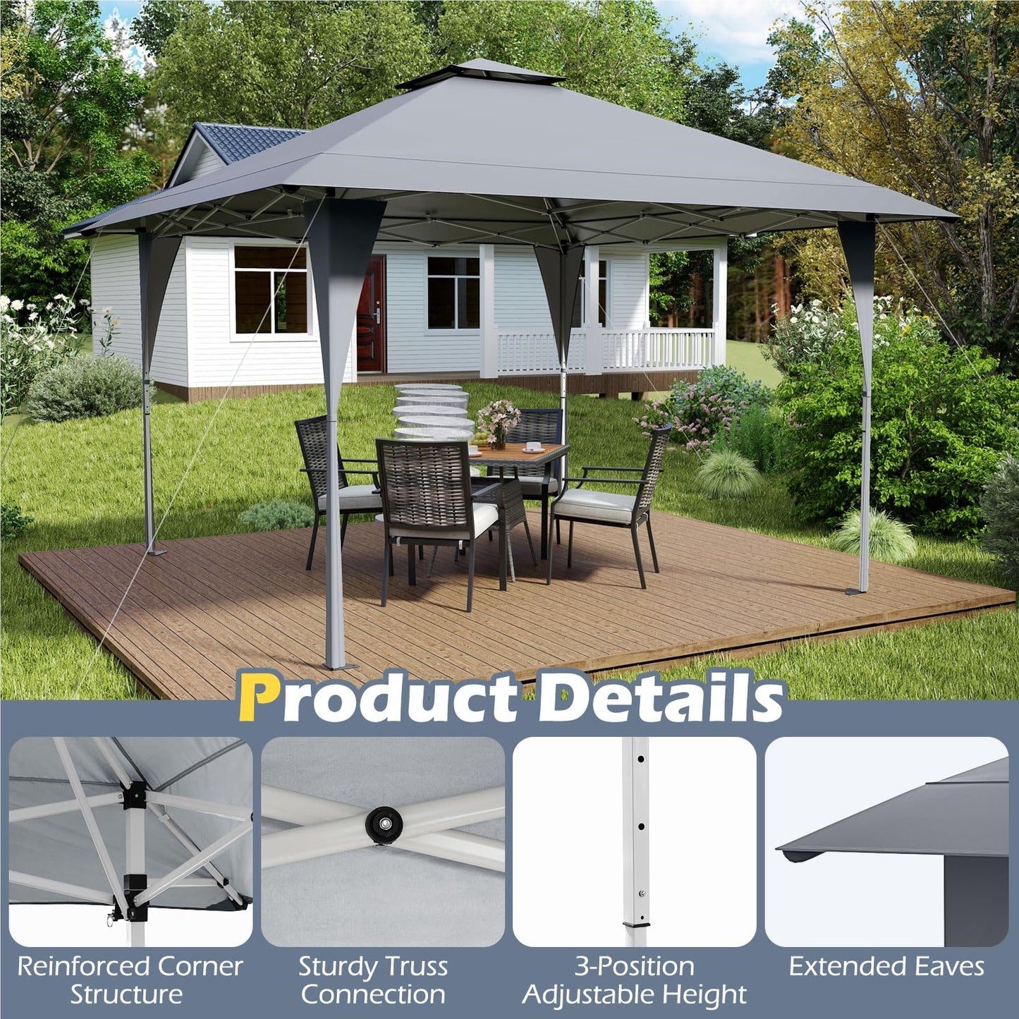 Pop-Up Pavilion – Tuinpaviljoen – Partytent – Vouwtent – Prieel – Waterbestendig – Verstelbare Hoogte – Grijs – Met Dubbele Dak – Stevig Metalen Frame
