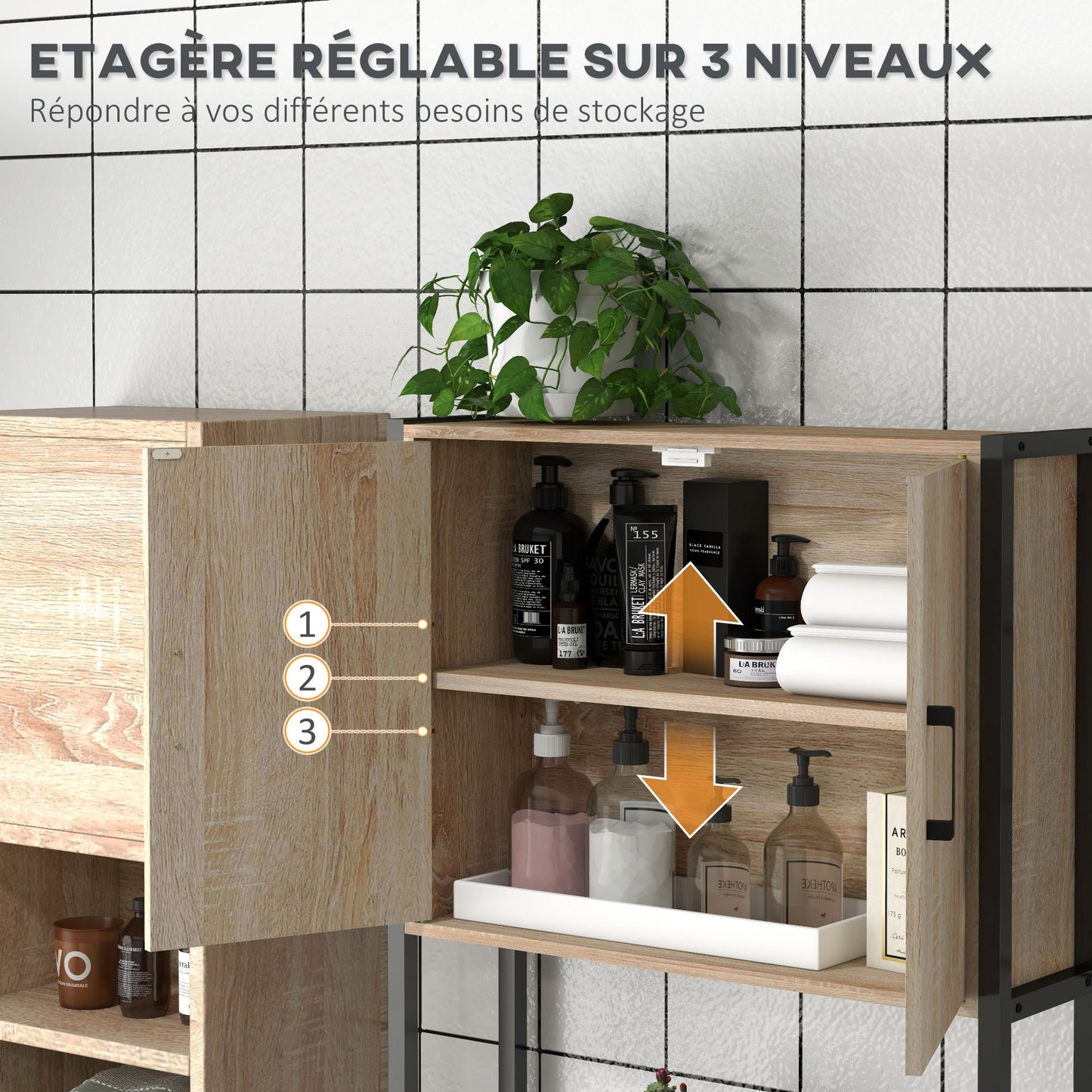 Toiletkast – Toiletmeubel – Wc-kast – Badkamerkast – Natuurlijk Hout – Industrieel Design – Compact 64x19x178 cm – Zwart Metaal & Licht Eiken