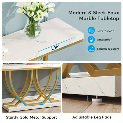 Moderne Sidetable – Console Tafel – Sofa Tafel – Haltafel – Wandtafel – Wit met Gouden Kunstmarmer – Slank 59 Inch