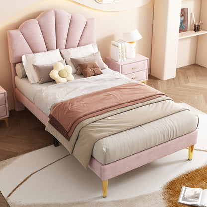Eenpersoonsbed – Eenpersoonsbedden – Kinderbed – Opbergbed – Slaapbank – Gestoffeerd Roze Fluweel – Verstelbaar Schelpvormig Hoofdbord – Lattenbodem Hout 90x200 cm