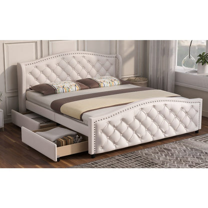 Polsterbett 140x200 cm – Gestoffeerd Bed – Tweepersoonsbed – Slaapbank – Guestbed – Met Metalen Frame – Tufted Hoofdbord – 2 Opberglades – Comfortabel & Stijlvol
