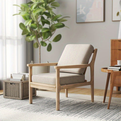 Loungestoel – Fauteuil – Relaxstoel – Zithoekstoel – Loungefauteuil – Linnen look – Afneembare Kussens – Houten Poten – Comfortabel & Stijlvol – 62x82x82 cm – Beige
