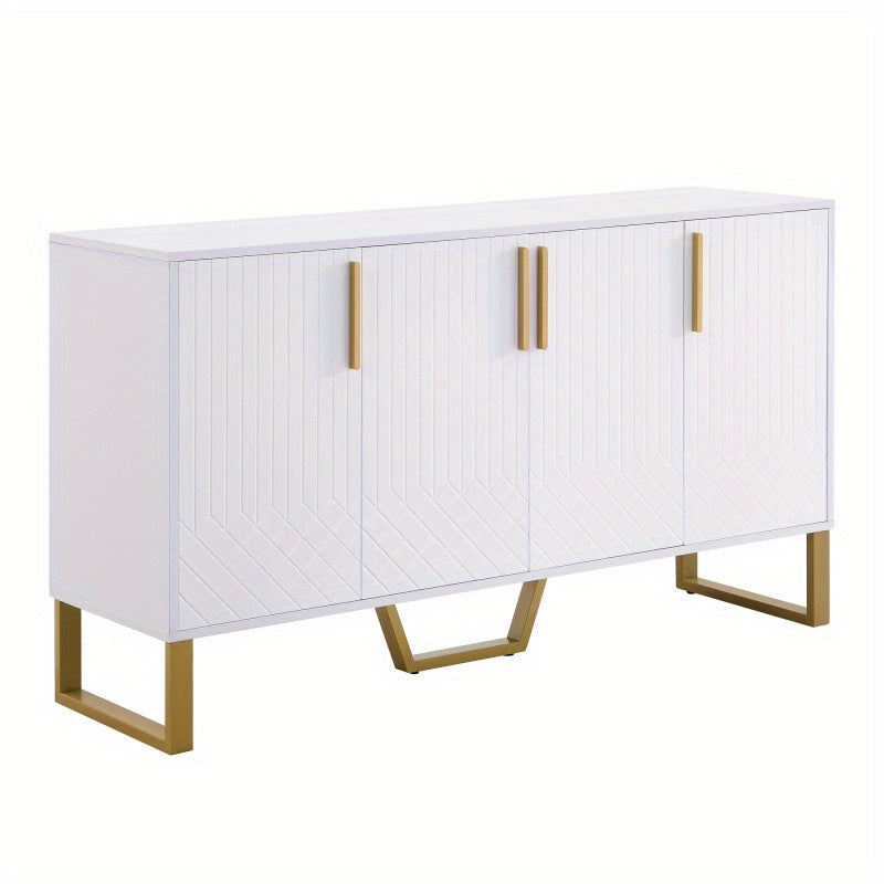 Dressoir – Opbergkast – Ladekast – TV-Kast – Buffetkast – Hoogglans Wit – Metalen Handgrepen & Poten – 140x40x80 cm – Geometrisch Design
