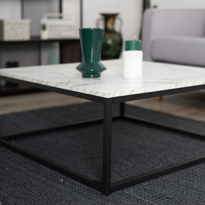 Salontafel – Koffietafel – Tafeltje – Woonkamertafel – Bijzettafel – Zwart – Marmerlook MDF – Industrieel Design – 80x80x34 cm – Stevig Metalen Frame – Eenvoudig Montuur