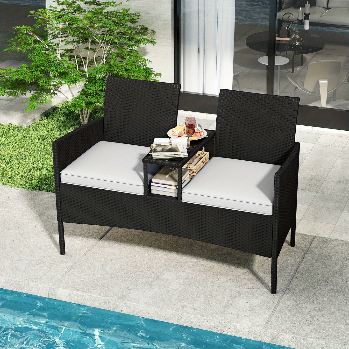 Buitentuin Loveseat – Tuinbank – Patio Sofa – Balkonbank – Tweezitsbank – Weerbestendig PE Rattan – Met Tempered Glas Tafel