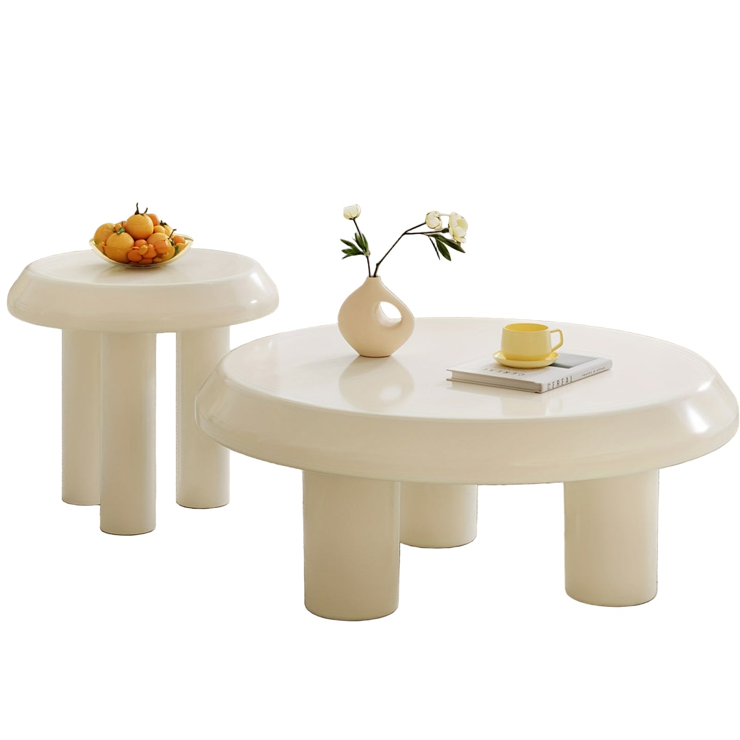 Salontafel – Bijzettafel – Koffietafel – Woonkamertafel – Banktafel – Set Van 2 – Ronde Design – Milky Wit – Compact En Ruimtebesparend – Eenvoudig Te Monteren