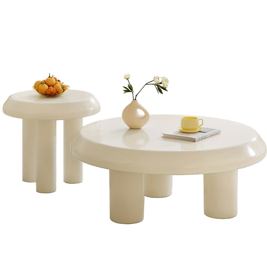 Salontafel – Bijzettafel – Koffietafel – Woonkamertafel – Banktafel – Set Van 2 – Ronde Design – Milky Wit – Compact En Ruimtebesparend – Eenvoudig Te Monteren