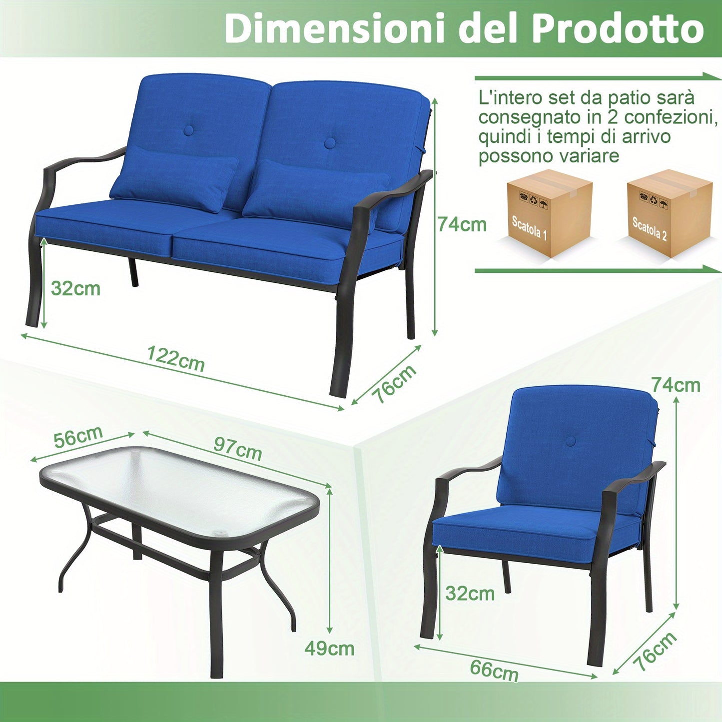 Tuinmeubelset – Tuinset – Loungeset – Buitenmeubels – Terrasmeubels – Metalen Frame – Veiligheidsglas Tafel – Blauwe Kussens – 4-delige Set