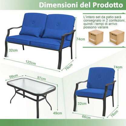 Tuinmeubelset – Tuinset – Loungeset – Buitenmeubels – Terrasmeubels – Metalen Frame – Veiligheidsglas Tafel – Blauwe Kussens – 4-delige Set
