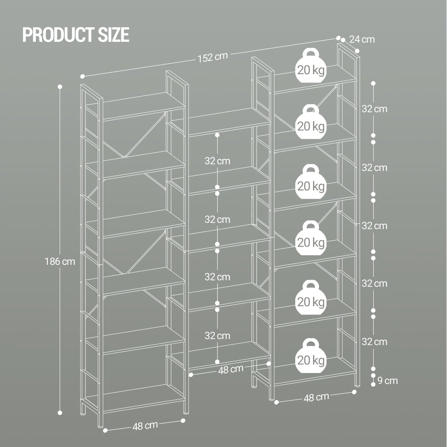 Boekenkast – Staande Plank – Wandrek – Boekenplank – Opbergkast – 17 Planken – Verstelbare Hoogte – 24x152x186 cm – Draagvermogen 340 kg - Witte Eikenkleur