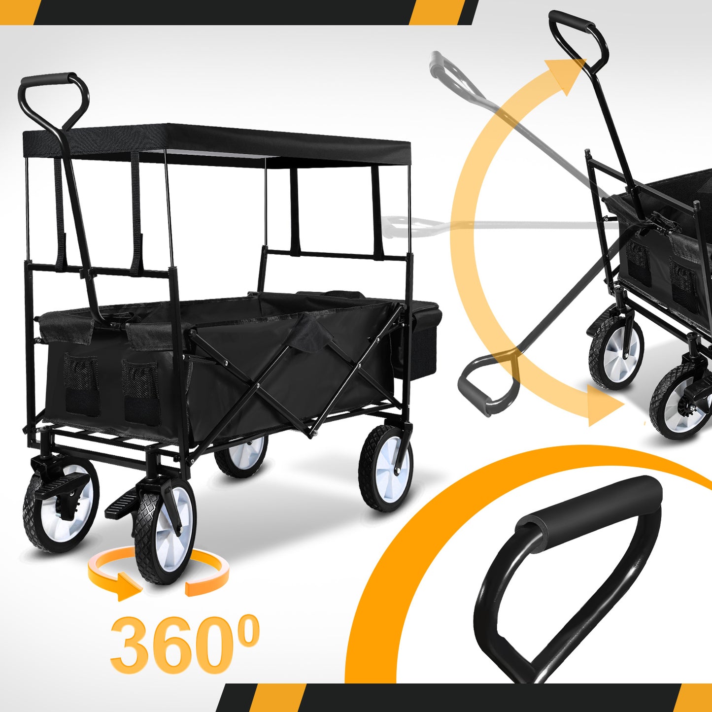 Transportwagen – Vouwkar – Handkar – Tuinkar – Strandkar – Inclusief Beschermend Dak – Stevig Stalen Frame – Zwart