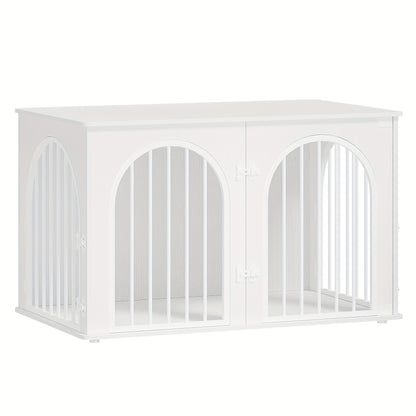 Hondenbench – Hondenkooi – Hondentuin – Draadkooi – Hondenhok – 3-Deurs Toegang – Wit Gemelamineerd Hout – 60x100x63 cm – Multifunctionele Bijzettafel – Stevig Metalen Frame