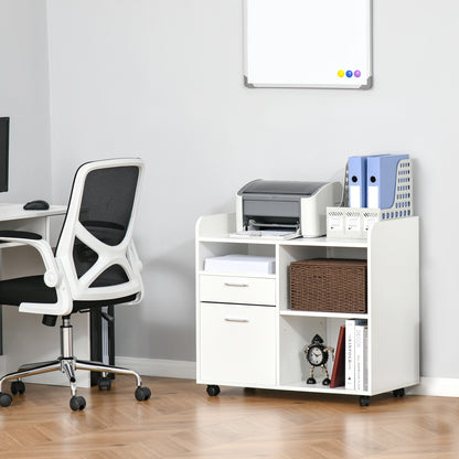Bureau Organizer – Pennenbakje – Documentenbak – Opberglade – Printerstandaard – Wit Hout – Verstelbare Plank – Mobiele Zwenkwieltjes