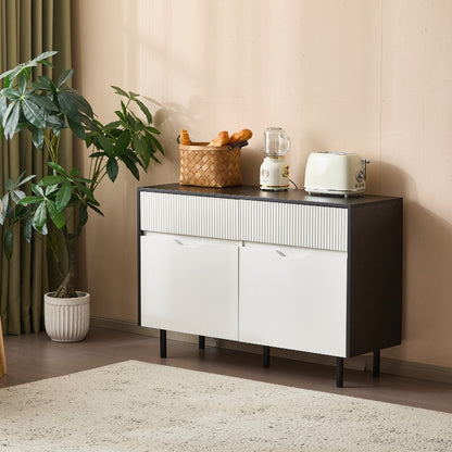 Metaal Opbergkast – Stalen Kast – Dressoir – Buffetkast – Keukenkast – 120 cm Breed – Zwart-Wit Met Riffeldeuren – Verstelbare Planken – Geen Montage Nodig