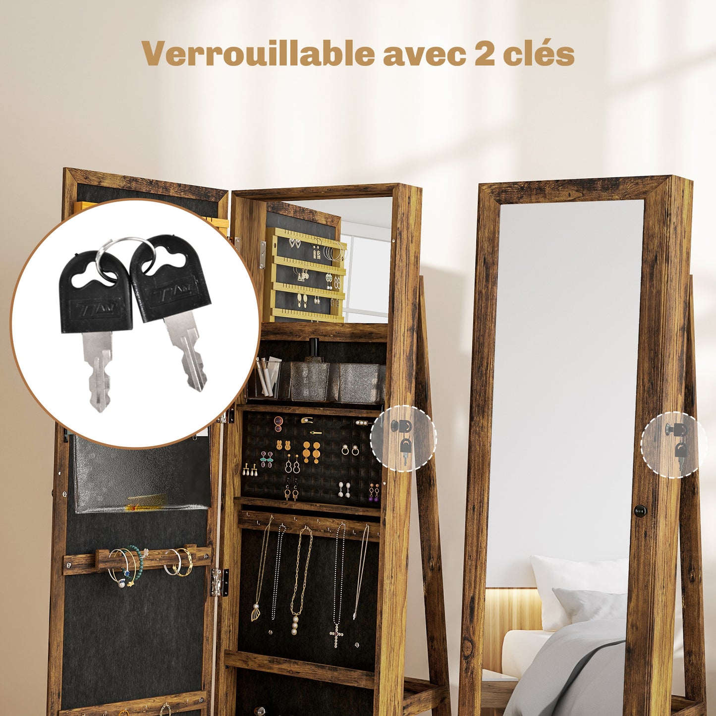 Draaibare Sieradekast – Sieradenkast – Sieradenbox – Jewelry Armoire – Sieradenkistje – Met Spiegel – Lockbaar – Compacte Opbergruimte Chestnut