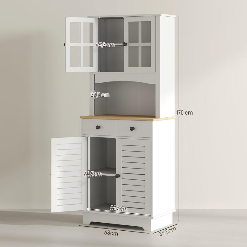 Keukenkastje – Voorraadkast – Opbergkast – Buffetkast – Dressoir – Modern Wit – Glazen Deuren – 2 Lade – Slotfunctie – Duurzaam MDF – Vrijstaand – 68x39,5x170 cm