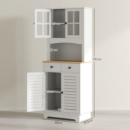 Keukenkastje – Voorraadkast – Opbergkast – Buffetkast – Dressoir – Modern Wit – Glazen Deuren – 2 Lade – Slotfunctie – Duurzaam MDF – Vrijstaand – 68x39,5x170 cm