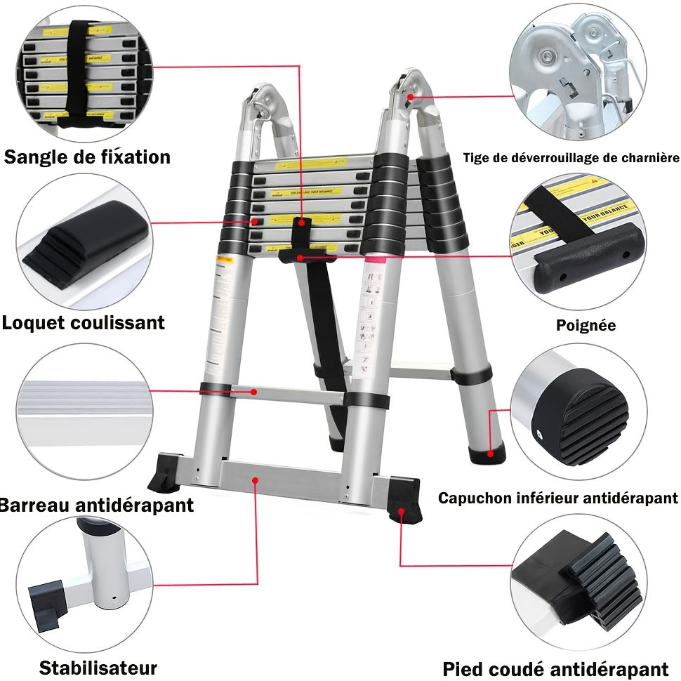 Telescopische Ladder – Inklapbare Ladder – Uitschuifbare Ladder – A-Frame Ladder – Vouwladder – 5 Meter Hoogte – Roestvrij Staal