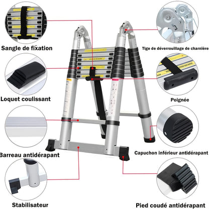Telescopische Ladder – Inklapbare Ladder – Uitschuifbare Ladder – A-Frame Ladder – Vouwladder – 5 Meter Hoogte – Roestvrij Staal
