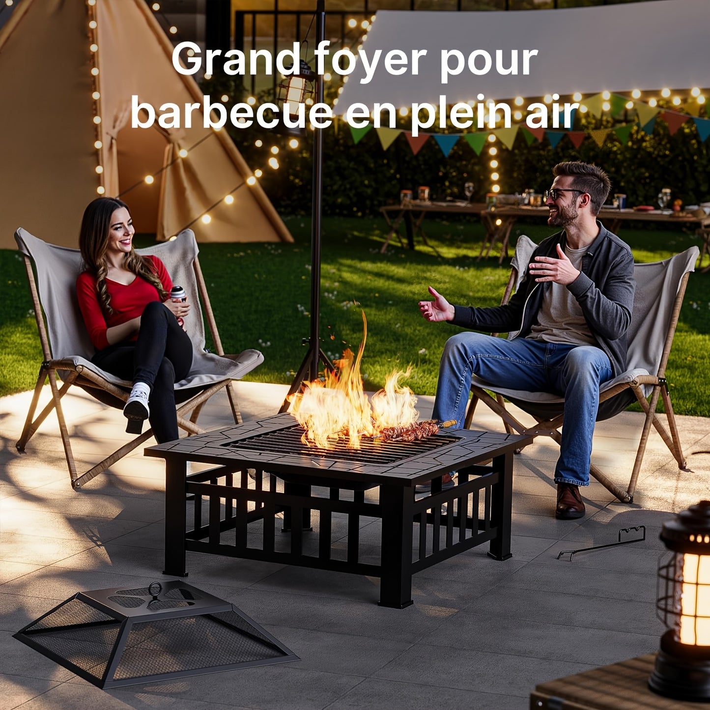Vuurschaal Vierkant – Vuurkorf – BBQ Grill – Buitenhaard – Tuinhaard – Metaal – Spatscherm – 81x81x35 cm – Inclusief Waterdichte Afdekhoes