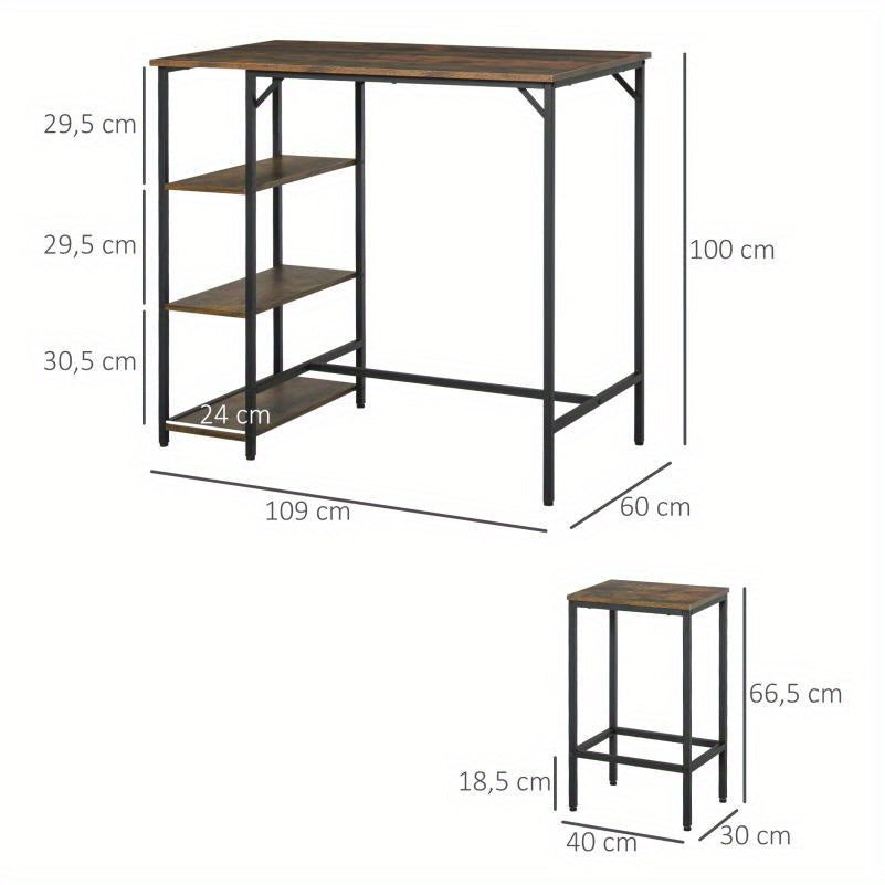 3-delige Tafelset – Eettafelset – Keukentafel – Barkrukken Set – Tafel Met Opbergruimte – Rustiek Bruin En Zwart – Compact Formaat 109x60x100 cm – Stevig Spaanplaat En Stalen Frame