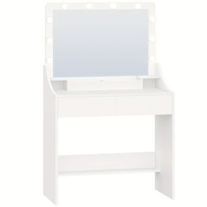 Kaptafel – Make-uptafel – Vanity – Schminktafel – Toilettafel – Wit – Grote Spiegel Met LED-verlichting – 3 Lades & Opbergruimtes