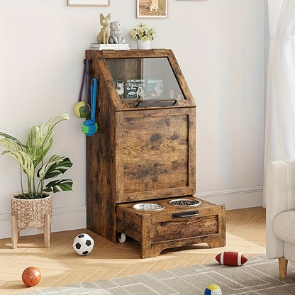 Large Capacity Dog & Cat Food Storage Cabinet with 2 Removable Stainless Steel Bowls & Tempered Glass - Hidden Spill-Proof Design, Multi-Functional Pet Feeding Station Organizer for Living Room, Bedroom, Food Storage Organize