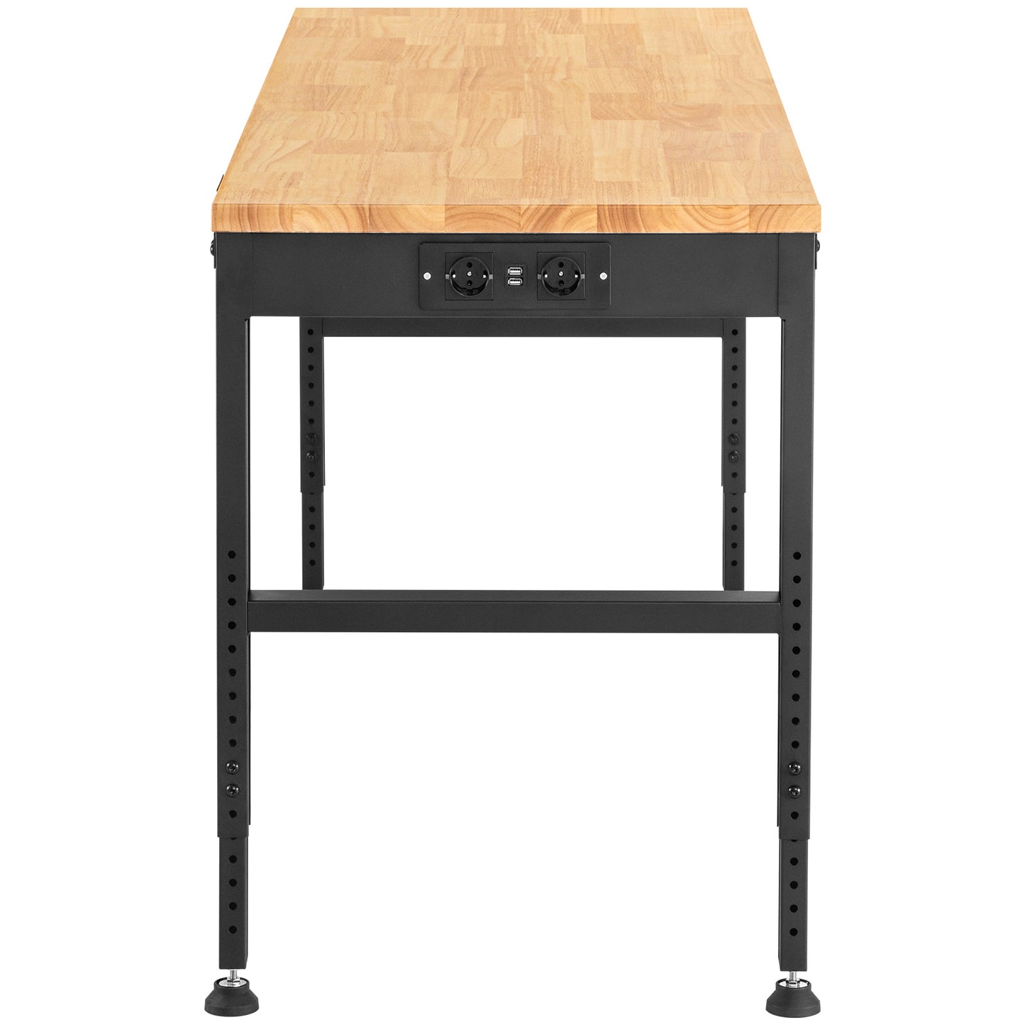 Werkbank – Verstelbare Werktafel – Klusbank – Montagebank – Krachtige Werkplek – Verstelbare Hoogte 72-97 cm – Massief Houten Blad 25 mm – Inclusief Stopcontacten & USB-poorten – Koudgewalst Stalen Frame