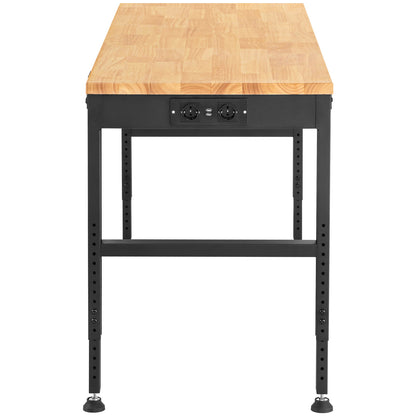Werkbank – Verstelbare Werktafel – Klusbank – Montagebank – Krachtige Werkplek – Verstelbare Hoogte 72-97 cm – Massief Houten Blad 25 mm – Inclusief Stopcontacten & USB-poorten – Koudgewalst Stalen Frame