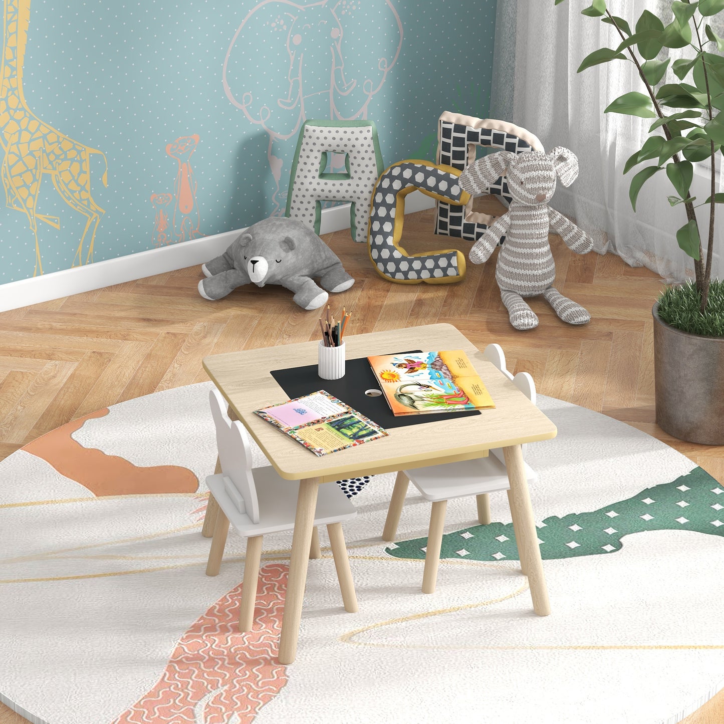 Speelmeubel Kindermeubel Tafelset Kinderstoel Tafel Voor Kinderen – Natuurlijke Houtlook – Krijtbord Reversibel Tafelblad – Handige Opbergruimte