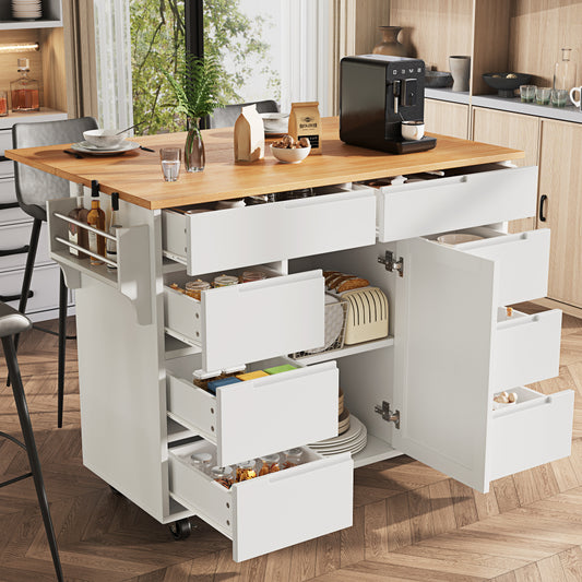 Modern White Mobile Kitchen Island with Worktop & 8-Drawer Storage Cart Castors - Heavy-Duty Serving Trolley with Spice Rack, Assembly, Space-Saving Cabinet for Small Kitchens, Dining & Living Room Furniture (Non-Wood)