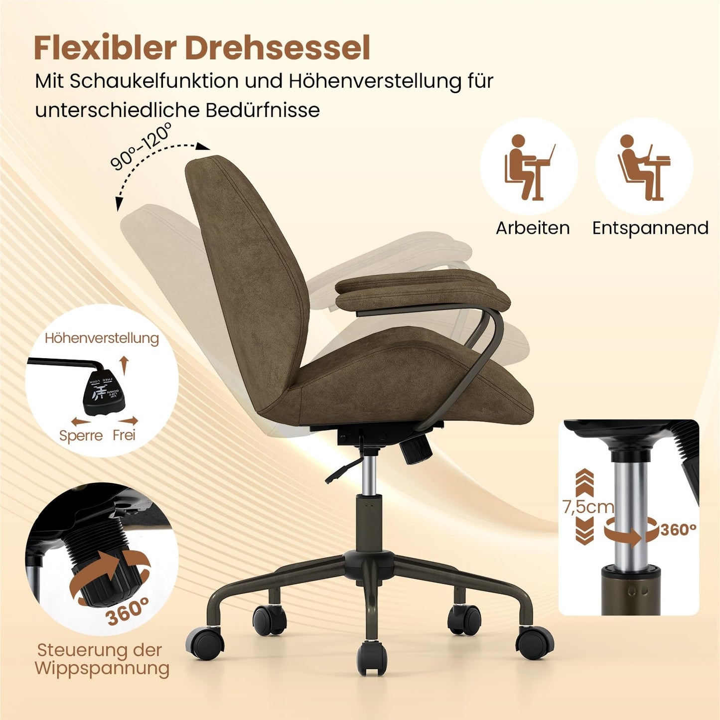 Bureaustoel – Bureaustoel Ergonomisch – Draaistoel – Computerstoel – Stoel Met Armleuning – Olijfgroen – Verstelbare Hoogte 45-52 cm – Kantelfunctie 90°-120°