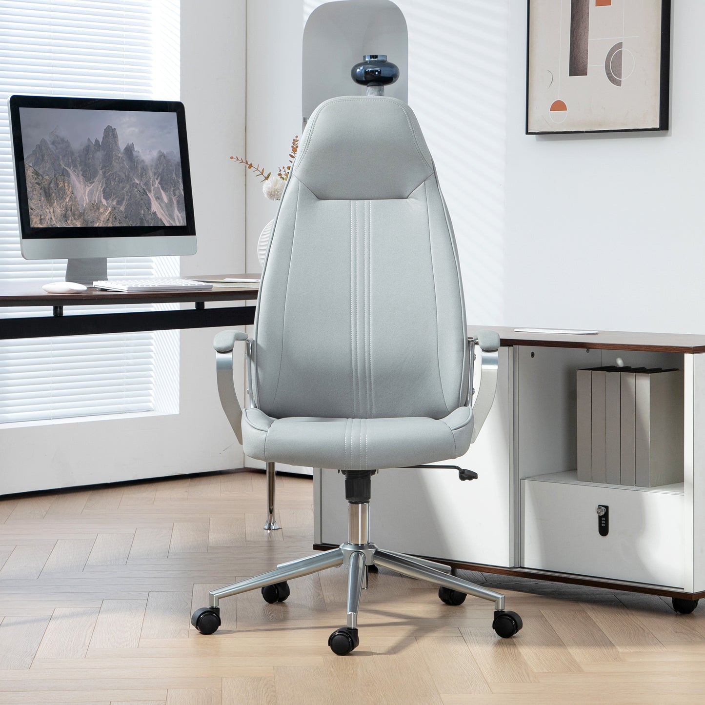 Ergonomische Bureaustoel – Bureaustoel – Werkstoel – Kantelstoel – Draaistoel – Verstelbare Hoogte – Kantelfunctie – Grijs – Microvezel – RVS Frame