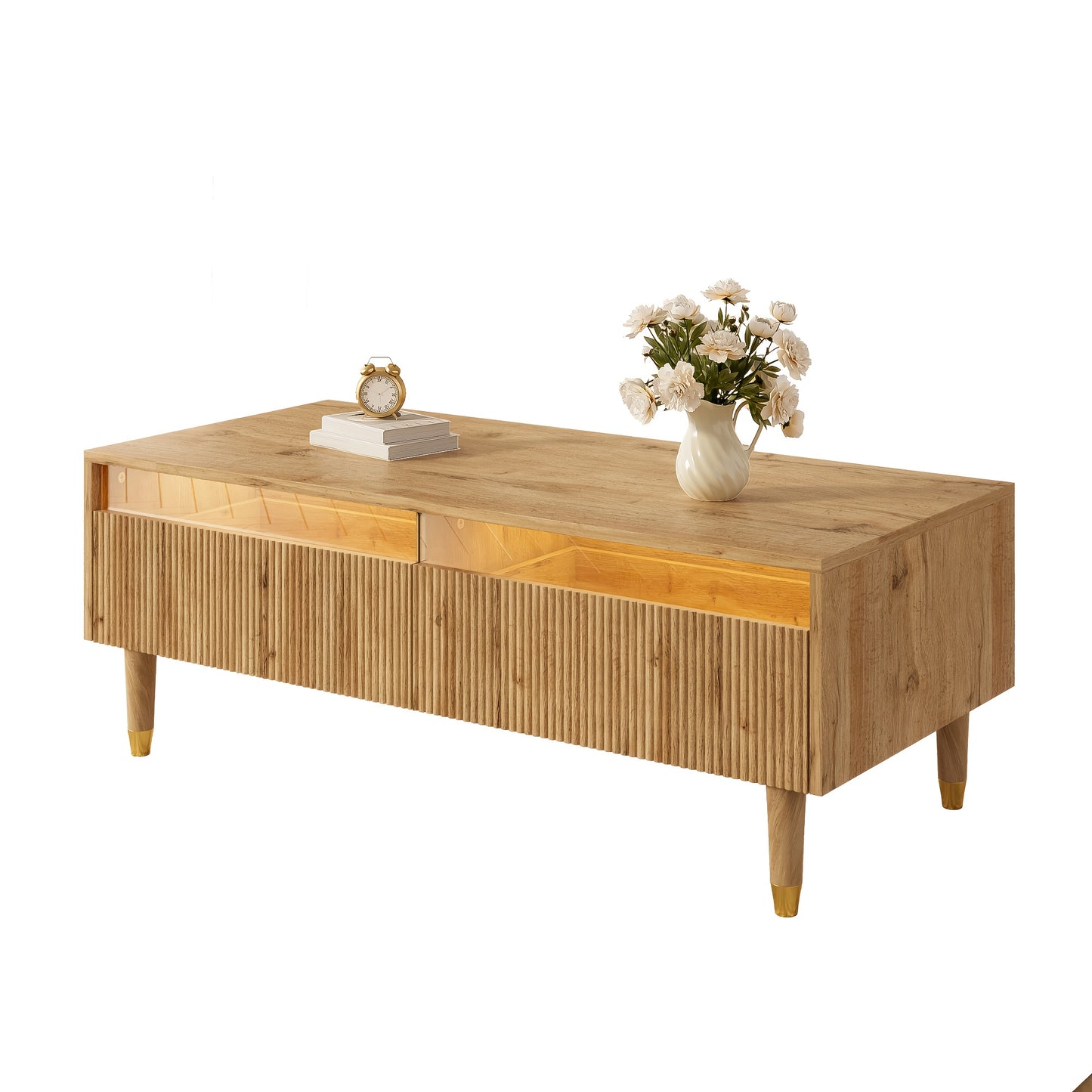 Modern Coffee Table with Wavy Drawer Top & Golden Wood-Legged Design - 2-Drawer Storage, Sturdy Metal Frame, Easy Assembly, No Power Needed for Living Room, Bedroom, Office - Contemporary Style, Coffee Table for Living Room,