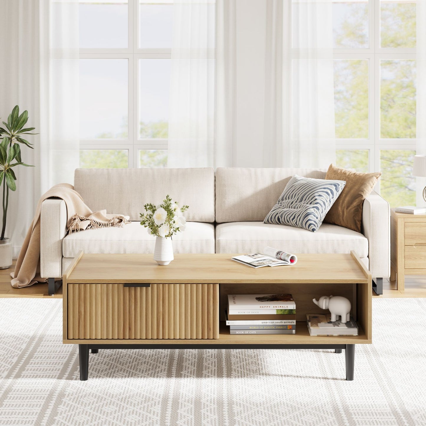 Buitenkoffietafel – Tuin tafel – Terras tafel – Balkon tafel – Salontafel – Massief hardhout – Twee opberglagen met laden