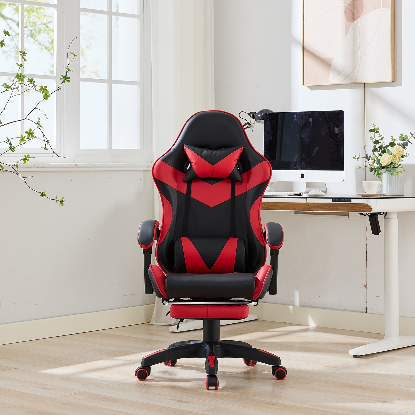 360° Rotating Racing  Design Lounge Chair, Gaming Chair, High-back Office Chair, Height Adjustable, with Wheels, Footrest, Headrest And Lumbar Support.