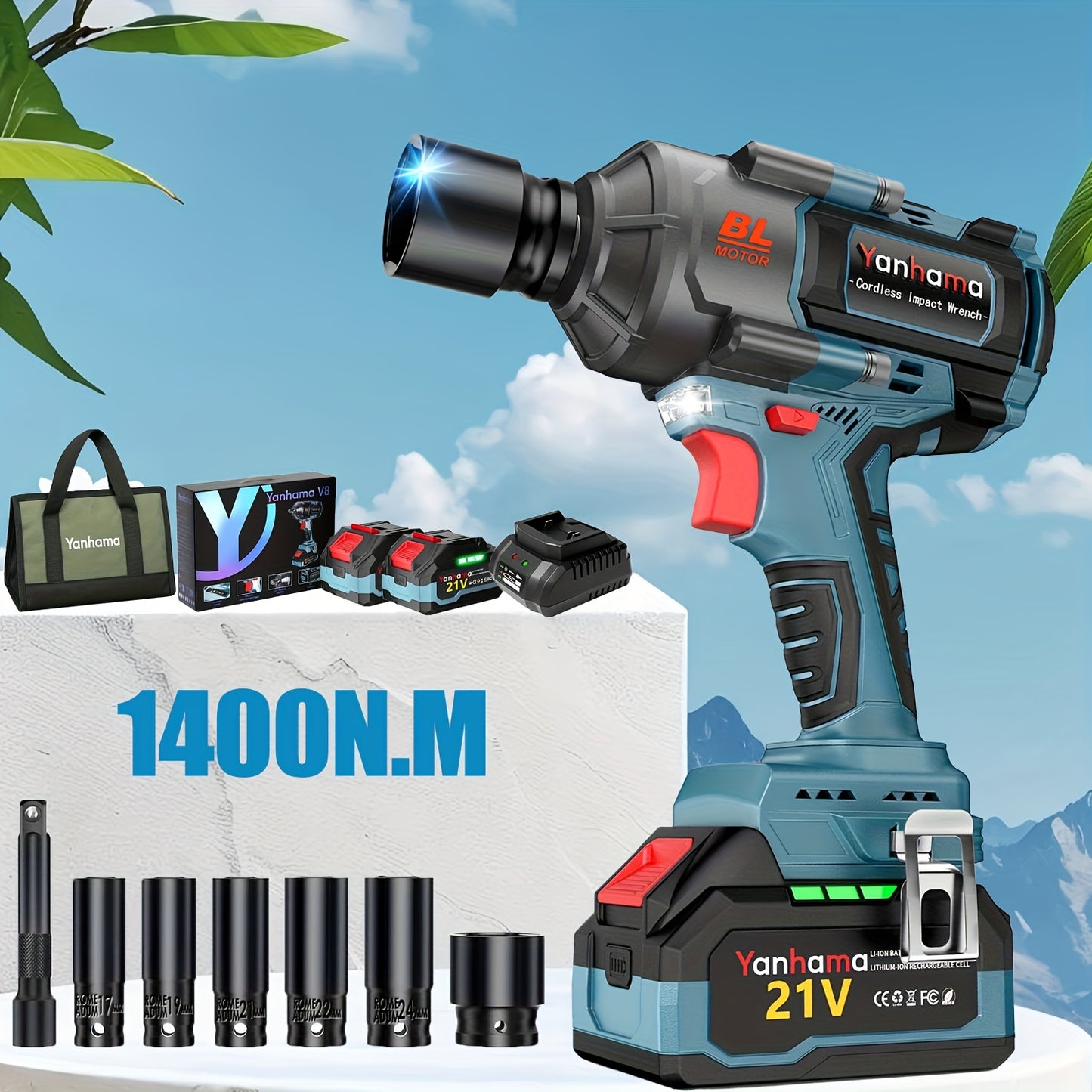Accuboormachine – Klopboormachine – Schroefboormachine – Boormachine – Slagmoersleutel – 600W Krachtige Motor – 2 Verwisselbare 21V Batterijen – Inclusief Dopsleutelset en Draagtas – Blauw